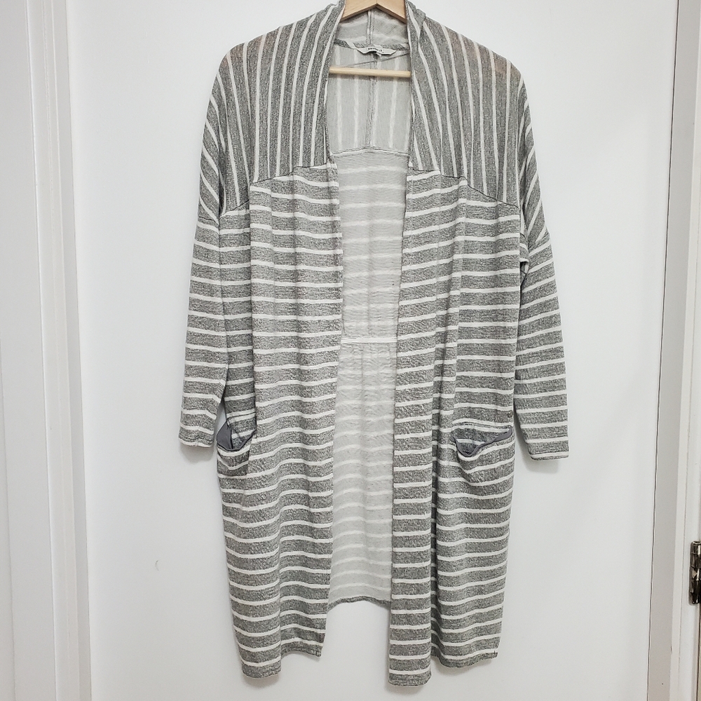 Sandwich Medium Long Open cardigan Lightweight Cotton Mix Grey White stripes
